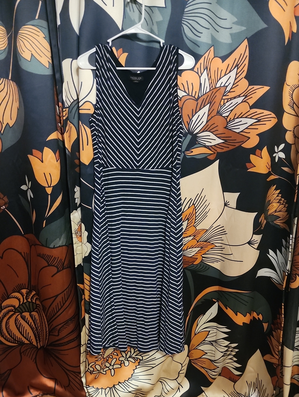 Rachel Zoe Navy and White Striped V-Neck Fit-and-Flare Dress